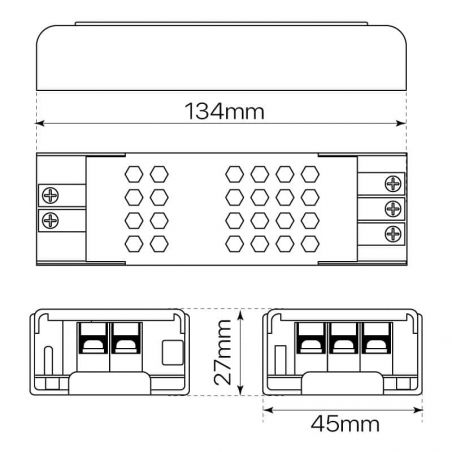 Transformador para tira LED de 24V, Driver IP20 potencia de 60W. Esquema dimensiones y medidas.
