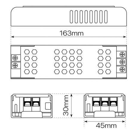 Transformador para tiras de led de 24V. Driver con protección IP20, potencia de 100W. Esquema, medidas y dimensiones.