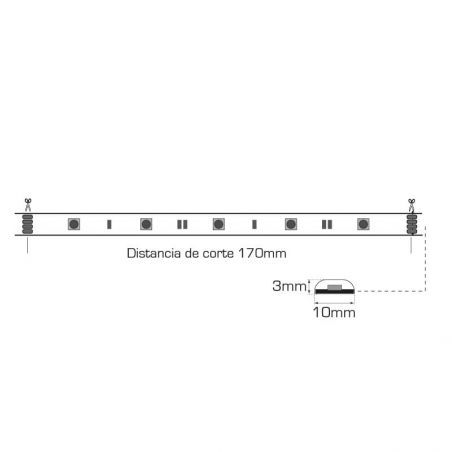 Tira LED 24V, 5050 RGB de 30 LED por metro, grado de protección IP65. Dibujo técnico.