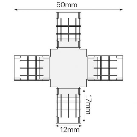 Conector tipo X con 3PIN para tira de led de 12V y 24V dualcolor. Dibujo técnico.