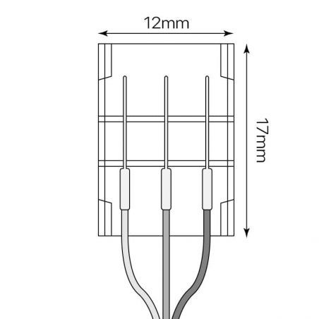 Conector de 3 pines, con cable para conexión de Tiras LED de 12V-24V, DUALCOLOR. Dibujo técnico del conector.