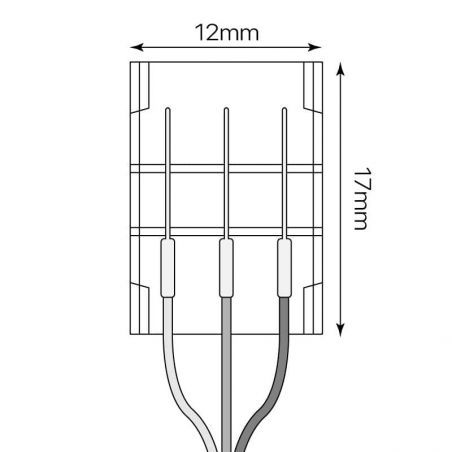 Conector doble de 3 pines, con cable para conexión de Tiras LED de 12V-24V, DUALCOLOR. Dibujo técnico del conector.