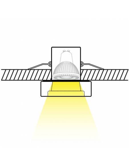 Aro empotrable de CRISTAL cuadrado, para bombillas GU10. Dibujo técnico, funcionamiento.
