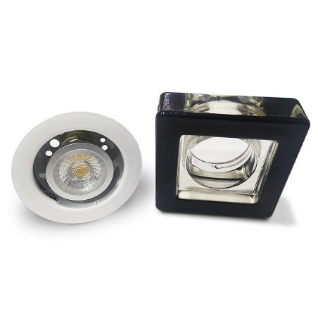 Aro empotrable de CRISTAL cuadrado, para bombillas GU10. Aro desmontado con bombilla.