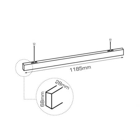 Luminaria LED lineal NEGRA colgante o de supeficie, OFFICE 50W. De 120 cms. de largo.  Dibujo técnico.