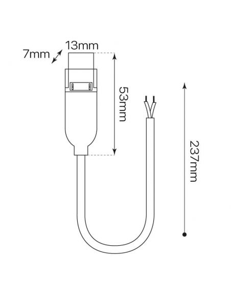 Conector + estabilizador + cable, para la conexión a red de las  Tiras LED 230V modelo ELISE monocolor. Dibujo 2, medidas