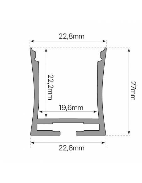 Perfil de aluminio D-360 de superficie, para tiras de led. Dibujo técnico, medidas frontales.