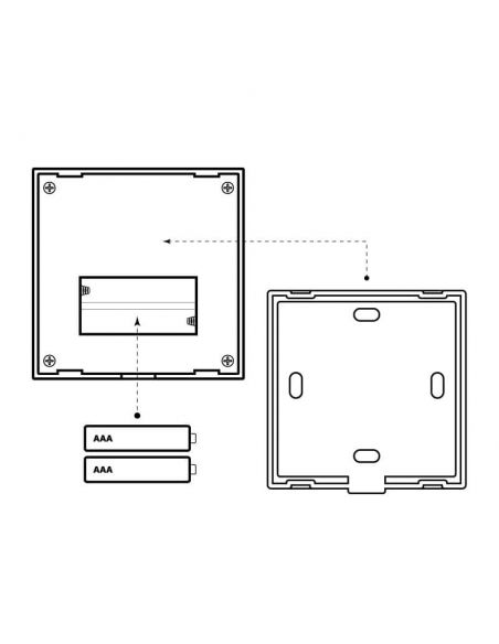 Mando a distancia, EMISOR.7, para tiras de led DUAL COLOR, mando de pared. Dibujo trasero y pilas.