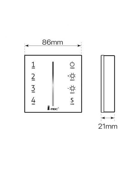 Mando a distancia, EMISOR.7, para tiras de led DUAL COLOR, mando de pared. Dibujo técnico.